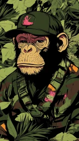 Cool jungle chimp in camo gear and a laid-back cap.