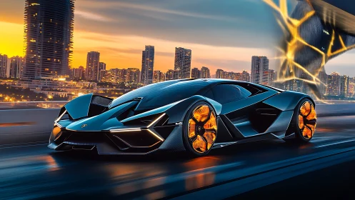 Midnight city sprint with a neon-lit futuristic supercar.