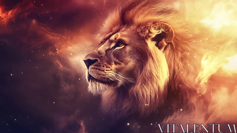 Lion profile in fiery cosmic nebula environment background.