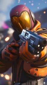 Bold sci fi adventurer in orange armor ready for action.