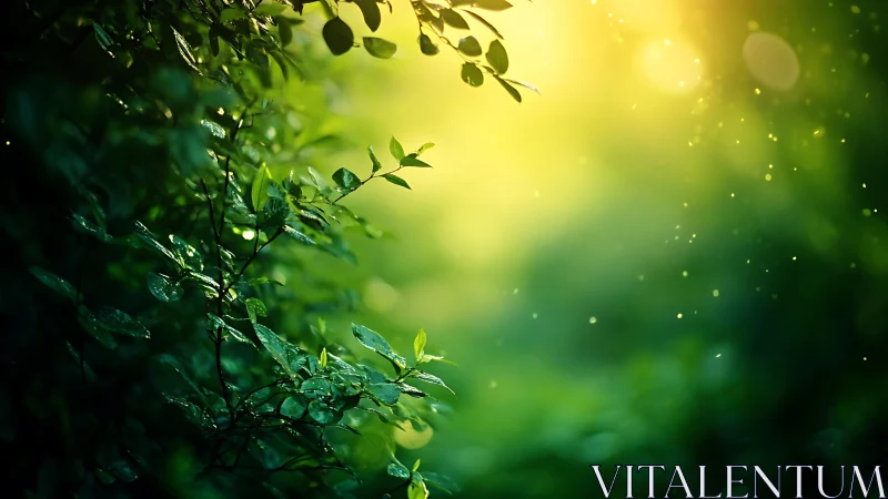 Sunlit green foliage in tranquil natural setting, soft focus style.