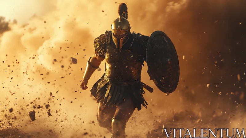 Resolute ancient warrior charging through golden dust.