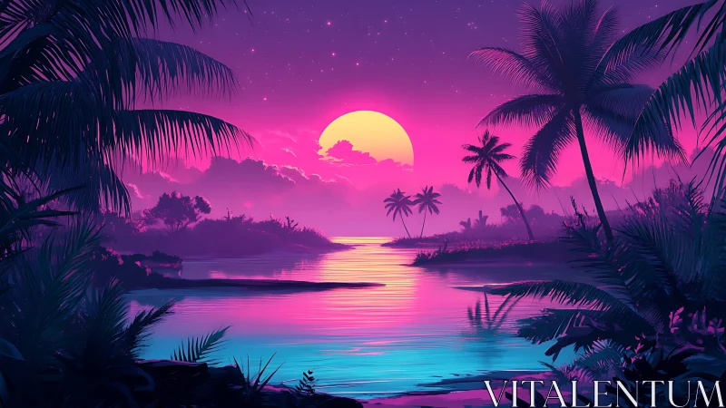 Neon tropical shoreline with palm silhouettes at sunset.