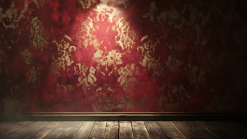 Textured damask accent wall with dramatic spotlighting effect.