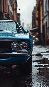 Rain-kissed blue muscle car waiting in a glistening alleyway.