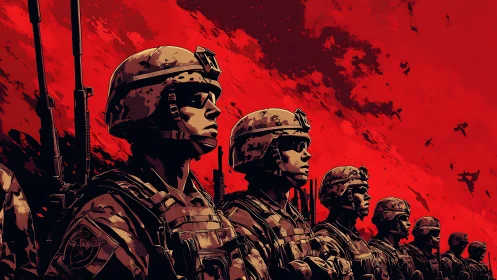 Soldiers stand in formation under red war-torn sky.