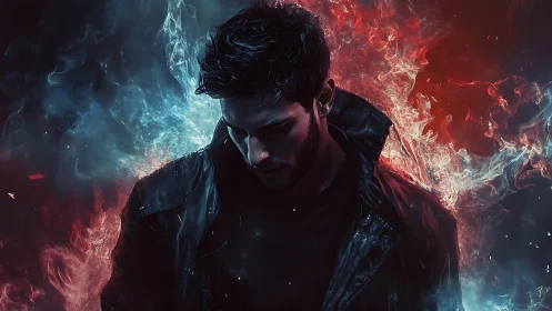 Shadowed drifter wrapped in calm blue and fierce red fire.