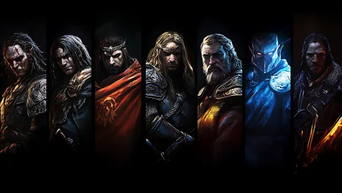 Seven shadowed champions framed in burning color bands.