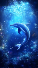 Blue dolphin swimming in glowing deep ocean scene.