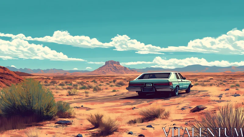 Classic sedan pauses in a sunlit desert highway daydream