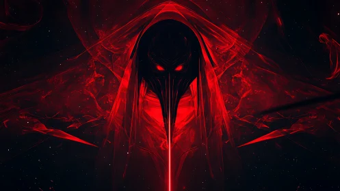 Digital painting of infernal reaper visage in red nebular void.