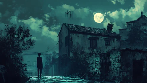 Moonlit alley with silhouetted figure and decayed masonry under teal haze