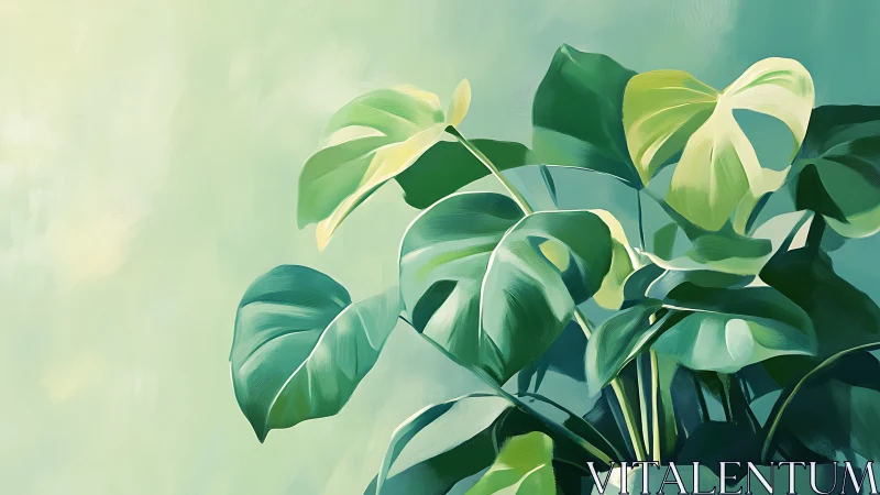 Sunlit Monstera Leaves Resting in a Calm Green Glow.