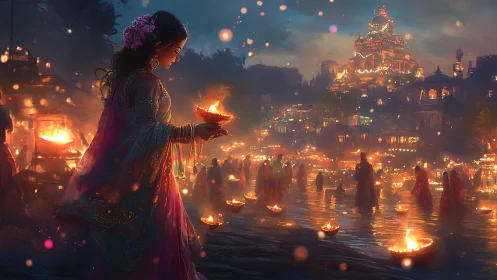 Riverbank night festival with diya lamps and ornate temple glow