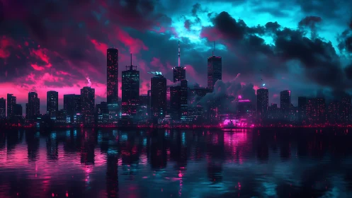 Neon lit futuristic city skyline reflected on water.