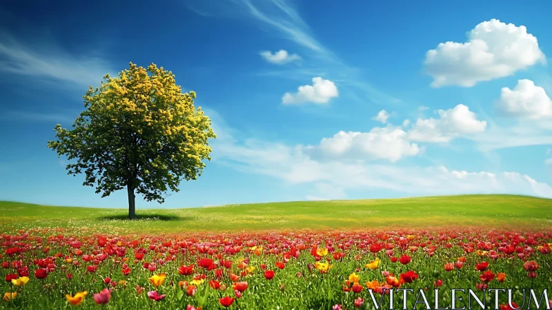 Sunny lone tree watching over a bright, cheerful flower field.