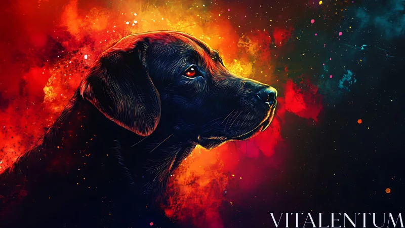 Luminous black labrador portrait in nebular chromatic explosion.