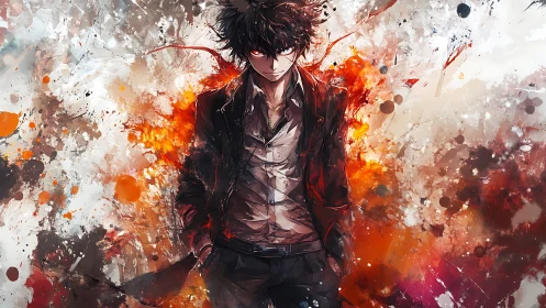 Smoldering antihero strolling through an abstract firestorm.