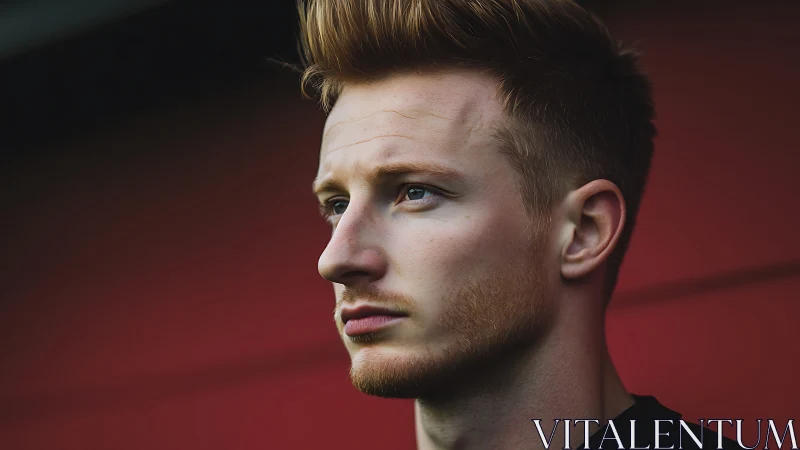 Close side portrait of young man against red backdrop.