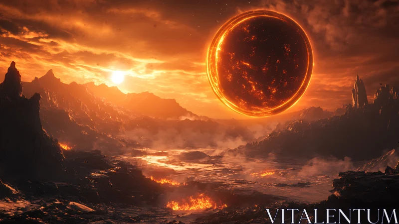 Volcanic exoplanet landscape with levitating molten sphere sun