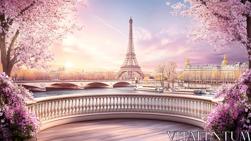 Soft spring sunrise embraces a romantic Paris riverside view