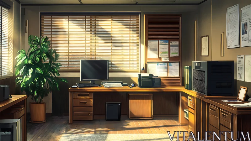 Sunlit office interior with wooden desks and equipment.