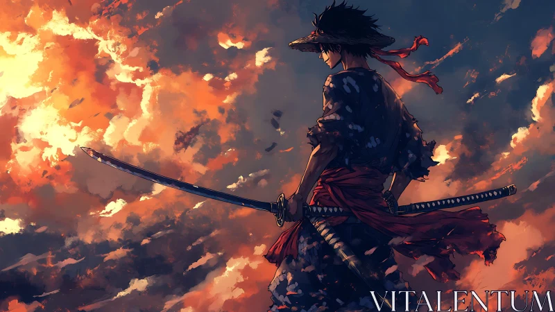 Samurai silhouette with dual katanas against turbulent sunset sky