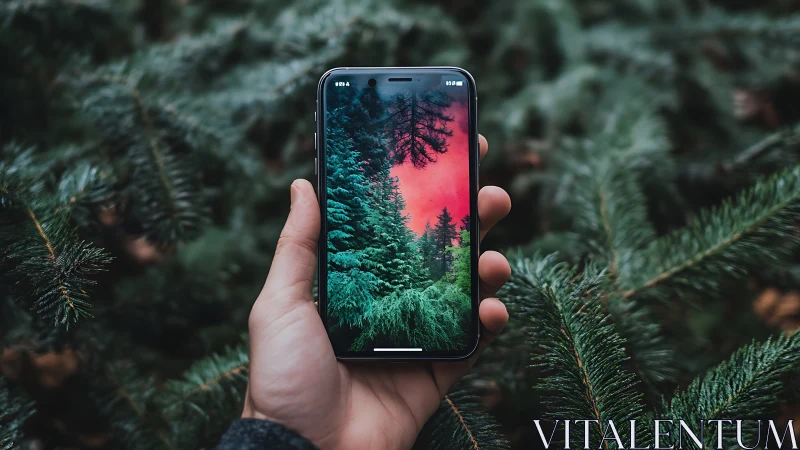 Pocket portal forest framed by neon dusk sky in hand.