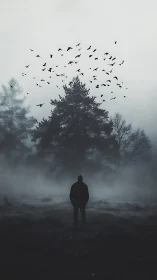 Silhouette under flock over misty forest clearing at dawn.