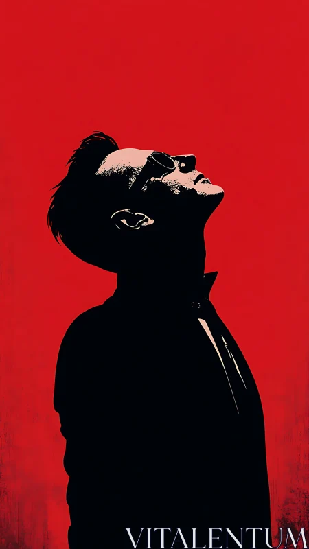 Silhouetted dreamer leans into crimson skyward silence