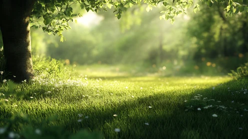 Sunlit meadow leans into morning, stitching shadows softly