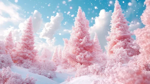 Pink winter forest under bright blue sky with clouds.