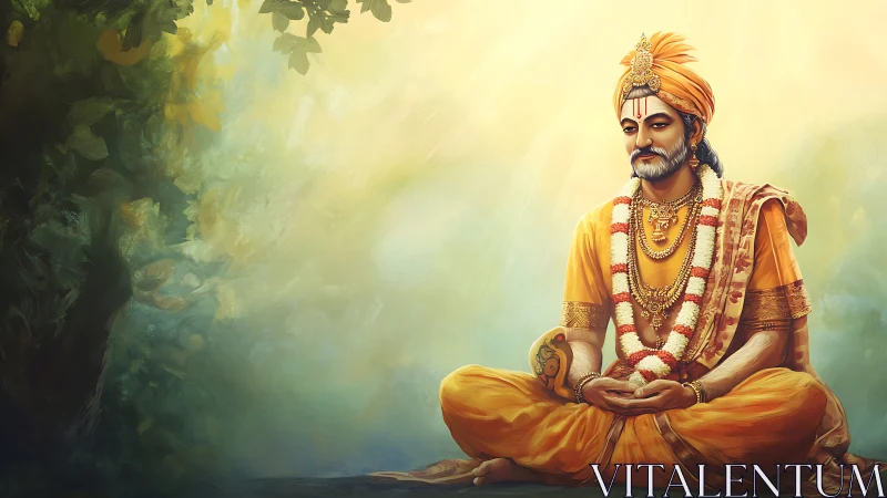 Serene orange-robed sage in golden forest light meditation.