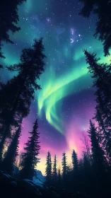 Northern lights dancing above a quiet, starlit forest.