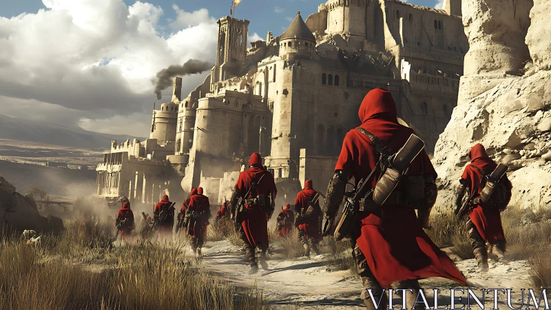 Red-cloaked vanguard approaching monumental desert citadel.
