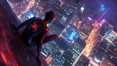 Masked rooftop vigilante over neon futuristic city at night.