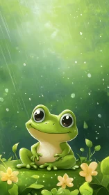 Sunny green frog enjoys gentle rain on a peaceful leaf