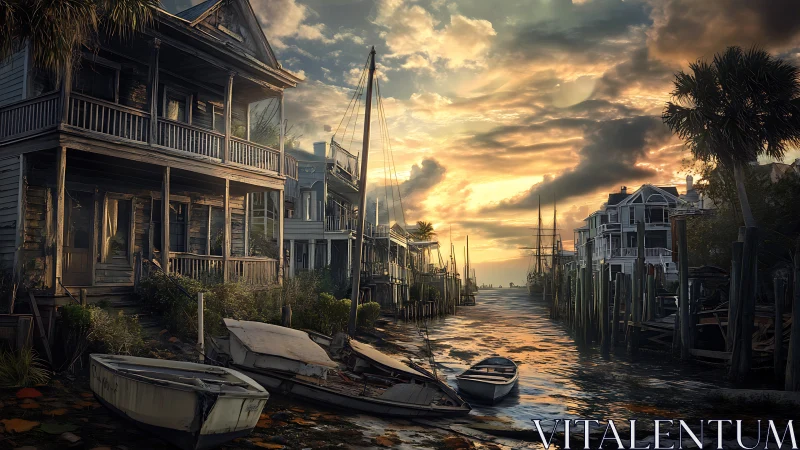 Sunset-lit flooded canal frames decaying coastal wooden houses