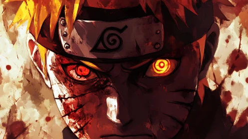 Intense anime warrior close-up with blazing orange eyes.