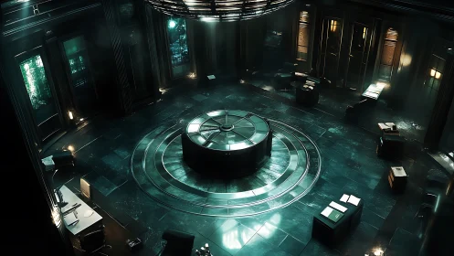 Emerald-lit council chamber hums with secret midnight data.