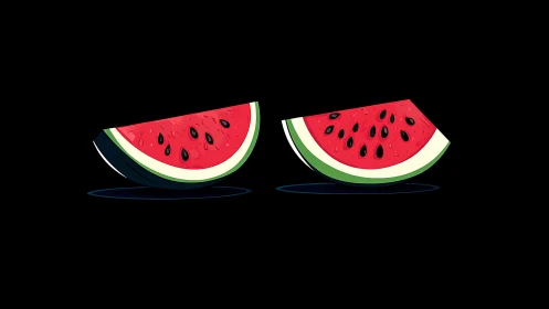 Two bright watermelon slices on black background illustration.