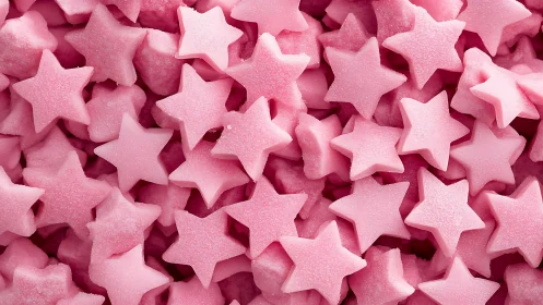 Pink star shaped candies in closeup macro food image.
