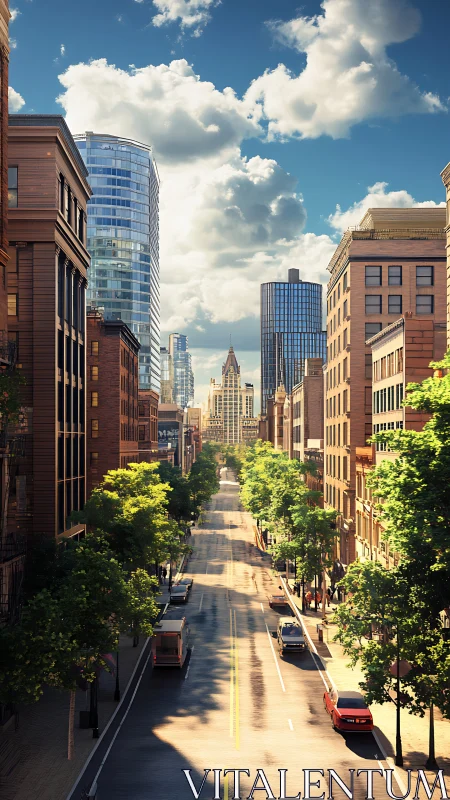 Hybrid skyline corridor under volumetric summer illumination.