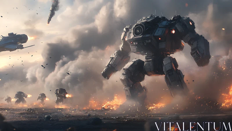 Heavily armored combat mech advances through incendiary warzone