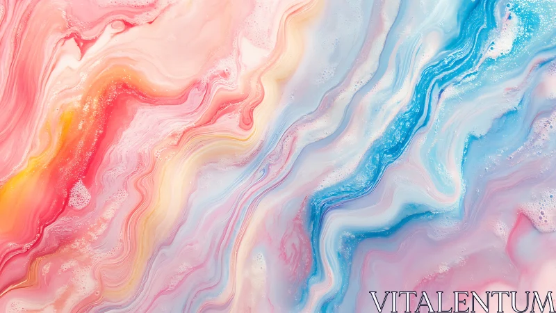 Pastel liquid marbling forms fluid, ribbon-like chromatic waves