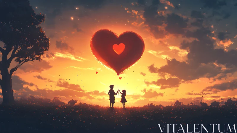 Two silhouetted figures hold heart balloon in dramatic sunset landscape