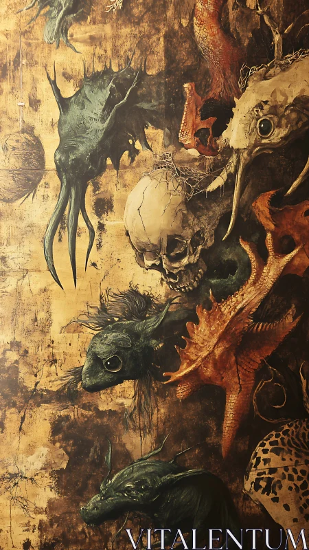 Surreal skeletal menagerie merges marine forms on aged ground