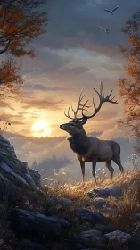Stag stands on rocky hillside during warm sunset in autumn