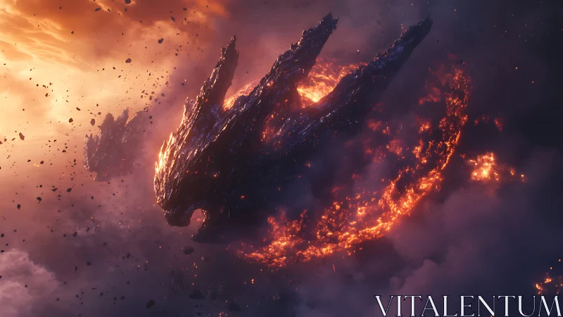 Molten cosmic dragon erupts from blazing storm clouds.