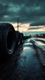 Wet highway tires line reflective asphalt at storm dusk.